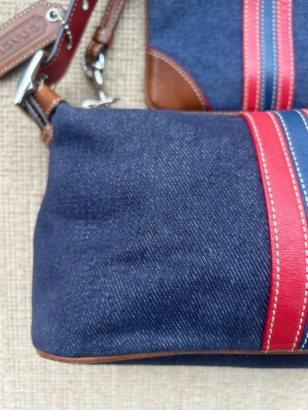 Coach Navy Canvas Shoulder Bag with Red and Pink Stripes - Picture 3 of 11